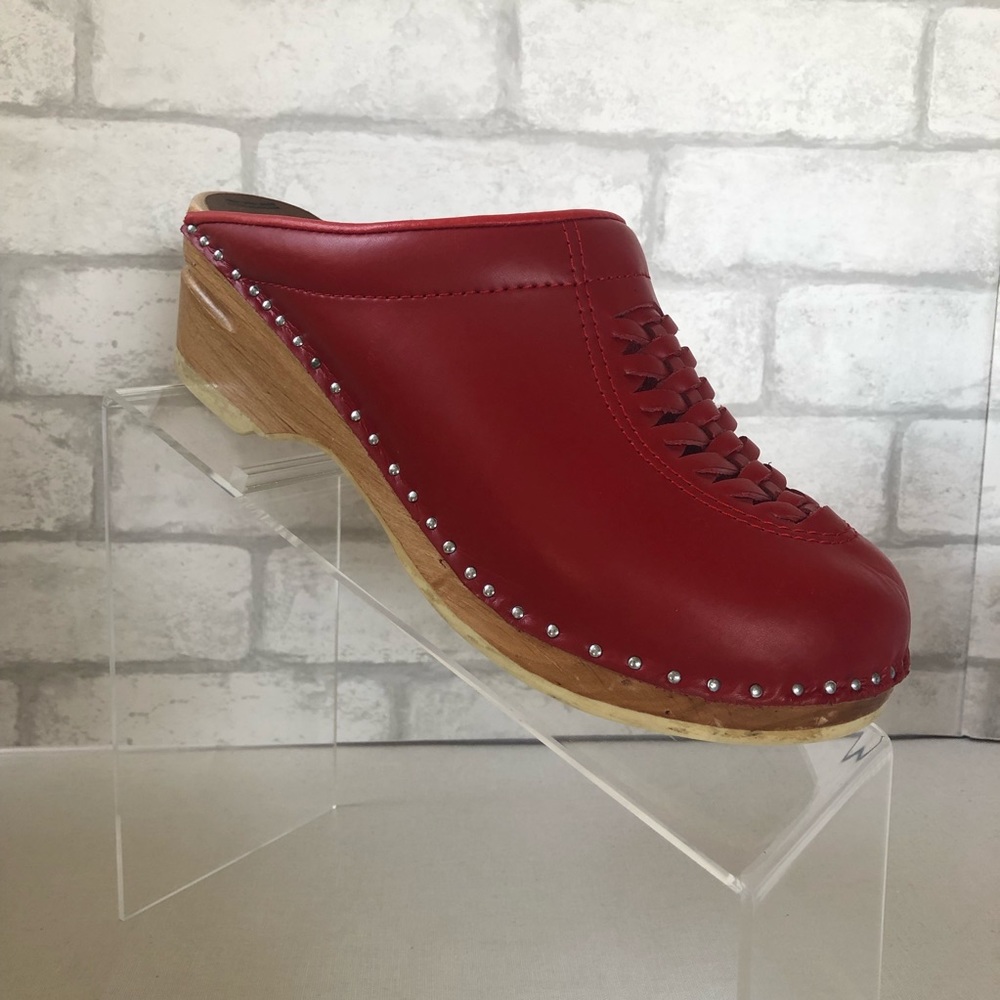 Red Leather Mules with Wooden Heel